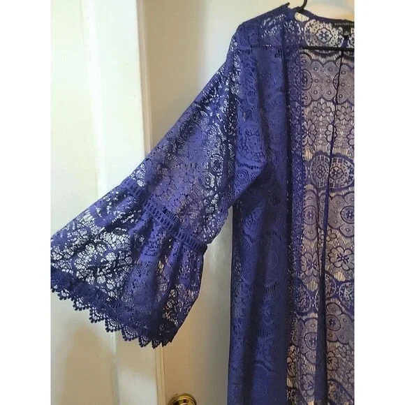 womans Shawl Beautiful Blue Long Length 3 Qtr Sleeves Cover Up - Picture 2 of 4